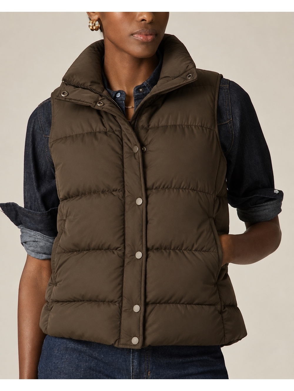 J.Crew Black Down Puffer Vest Women’s Medium 80% Down Snap Zip Winter